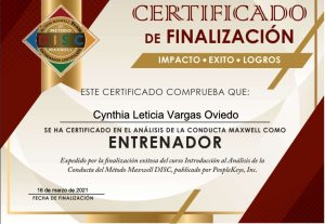 Certificación oficial DISC de Maxwell Leadership otorgada a Cynthia Vargas como entrenadora certificada en análisis de conducta y liderazgo organizacional