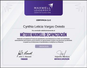 Certificación internacional en el método Maxwell de capacitación otorgada a Cynthia Vargas por Maxwell Leadership en desarrollo de liderazgo y formación profesional