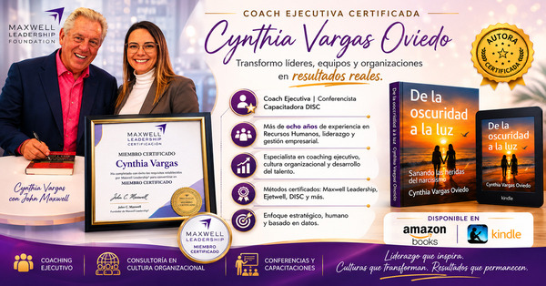 Coach ejecutiva Cynthia Vargas junto a John Maxwell mostrando certificaciones internacionales de liderazgo, coaching ejecutivo y cultura organizacional.
