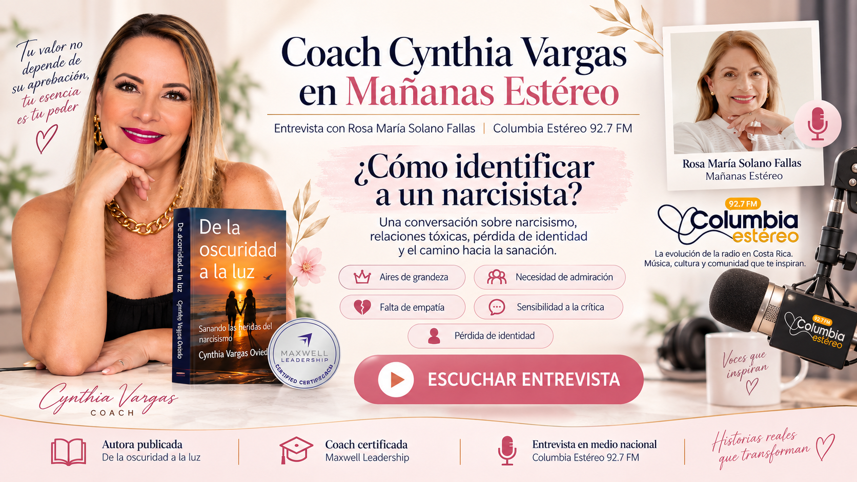 Coach Cynthia Vargas en entrevista en Mañanas Estéreo de Columbia Estéreo sobre cómo identificar a un narcisista, relaciones tóxicas y sanación emocional